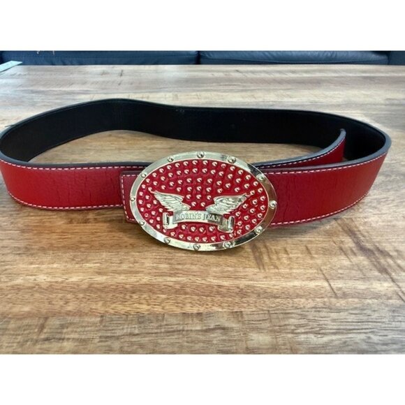 Robins Jean Red Leather Belt Gold Buckle 42 105 Black Reversible SEE Cracks - Picture 10 of 10